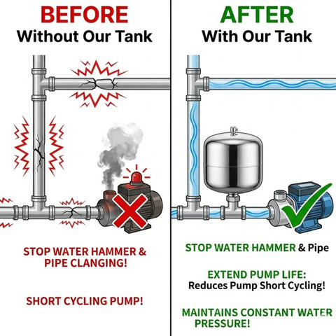 Comparison infographic showing before and after using Legit Workhorse 304 Stainless Steel Pressure Tank With Vertical 24 Liter Design.