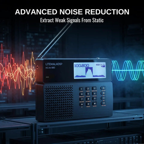 Beast Full Band SDR Receiver With 2.3 Inch Real Time Spectrum display and noise reduction feature on a table.