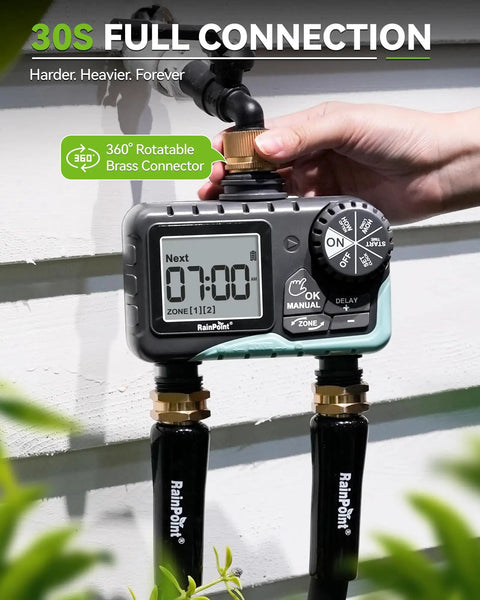 Dual Zone Garden Hose Timer with Brass Swivel and Two Outlets installation on wall
