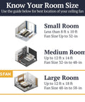 Room size guide for Industrial 52 Inch LED Ceiling Fan With Remote Light Kit, Dual Mounting, suitable for large rooms.