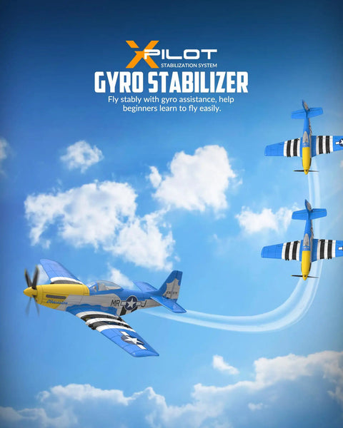 Beginner Friendly RC Plane With Gyro Stabilizer And Powerful Motor For Adults And Kids P51D Mustang 4 Channel 2 4GHz Remote Control Aircraft Ready To Fly Blue in flight demonstration with gyro stabilization.