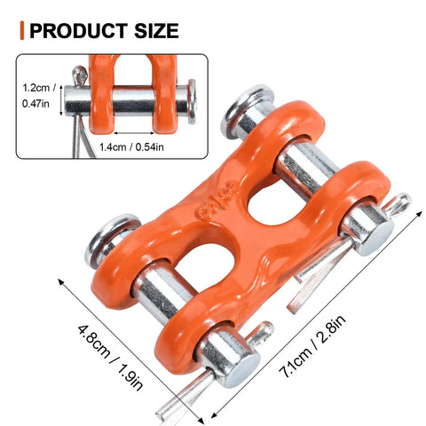 Heavy Duty G70 Grade 3/8 Inch Double Clevis Links Tough As Nails Chain Repair Hardware For Towing Trailer Rigging And Auto Salvage Rated 6600 Lbs Pulling Capacity 4 Pack, showing size details.