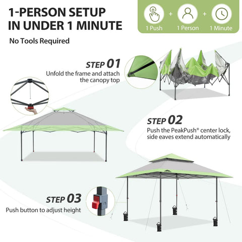 13x13 Straight Leg Pop Up Canopy Tent No Fuss One Person Setup, 169 Sq Ft Shade, step-by-step setup guide with auto extending eaves