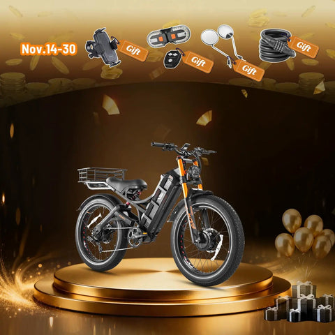 Badass 4000W Dual Motor Electric Bike For Adults, 46 Mph Ripping Speed, grey with basket on golden display.