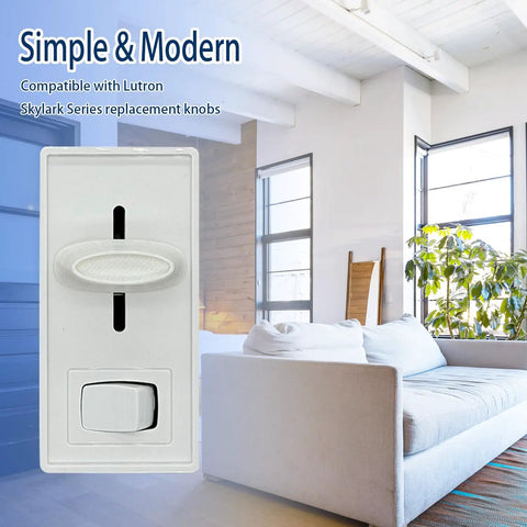 Six Pack Dimmer Switch Knobs Replacement Kit For Ceiling Lights And Wall Dimmers showing a mounted white knob slider in living room.