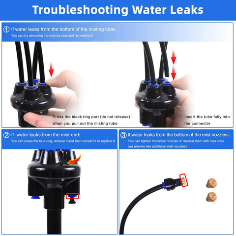 Troubleshooting water leaks in Outdoor Patio Misting System With Adjustable Five Point Seven Five Foot Spray Stand and 26.5 ft Line