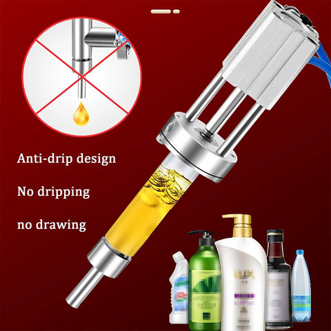 Kickin Performance Pneumatic Bottle Filler Machine With 40L Hopper, showcasing anti-drip nozzle and liquid in action.
