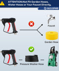 Compact Pressure Washer Gun With One Quarter Inch Quick Connector 4350 PSI High Power Includes Five Spray Nozzle Tips Three Eighths Inch Male Plug M22 Fourteen Millimeter And Fifteen Millimeter Fittings And Foam Cannon Compatibility shown with pressure washer hose and faucet connection