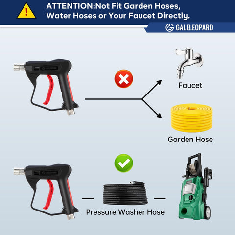 Compact Pressure Washer Gun With One Quarter Inch Quick Connector 4350 PSI High Power Includes Five Spray Nozzle Tips Three Eighths Inch Male Plug M22 Fourteen Millimeter And Fifteen Millimeter Fittings And Foam Cannon Compatibility shown with pressure washer hose and faucet connection