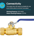 Eastman 1/2 in brass compression full-port ball valve with blue lever handle, side view