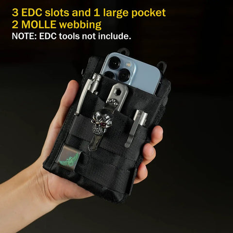 Hand holding EDC Pouch Organizer For Men With 3 Slots, 2 Zipper Pockets, 1 Phone Pocket, 1 Multi Tool Slot, rugged 500D pouch