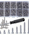 Premium DIY Self Tapping Screws Set With Screwdriver For Woodworking, organized in box with 8 sizes, stainless steel
