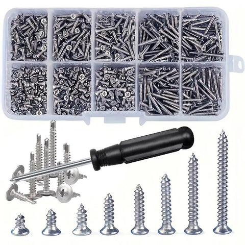 Premium DIY Self Tapping Screws Set With Screwdriver For Woodworking, organized in box with 8 sizes, stainless steel