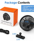 Magnetic Base Golf Cart Portable Fan with packaging, magnetic mount, USB cable, and fan dimensions shown; rechargeable battery powered.