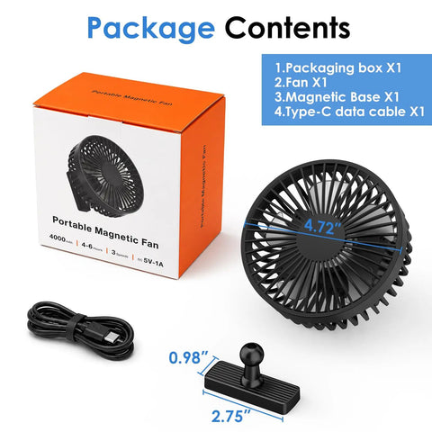 Magnetic Base Golf Cart Portable Fan with packaging, magnetic mount, USB cable, and fan dimensions shown; rechargeable battery powered.