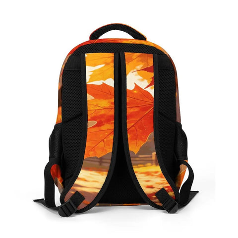 Back of Warm Fall Maple Landscape Backpack For Men And Women, Unisex Large Capacity Daypack, with autumn leaf pattern