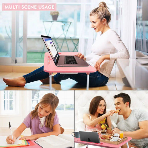 Foldable Laptop Bed Table With Drawer And Cup Holder, Go-To Lap Desk For Bed Or Sofa, Breakfast Tray, TV Tray, Pink Finish In Use