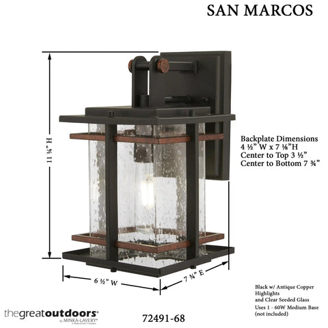 Outdoor Wall Light With A Dope Black And Copper Finish, 11.25 Inches High, 6.5 Inches Wide, San Marcos Style Exterior