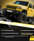 Yellow SUV on rocky terrain with text listing compatible Mitsubishi models like RVR, Outlander, and Lancer for suspension kit