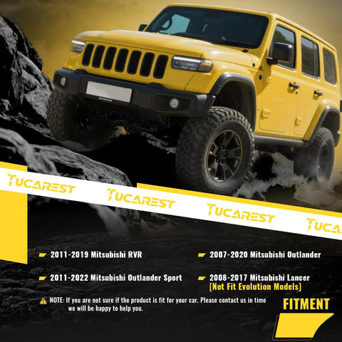 Yellow SUV on rocky terrain with text listing compatible Mitsubishi models like RVR, Outlander, and Lancer for suspension kit