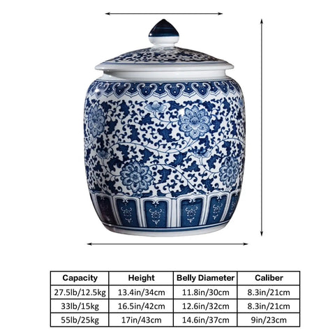 Heavy Duty Ceramic Grain Storage Jar With Lock Tight Seal keeps rice, flour, snacks, and coffee beans fresh, featuring blue and white chinoiserie design.