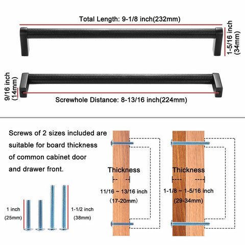 Diagram of Knurled Black And Nickel Cabinet Pull Handle For Kitchen Cabinets And Dressers with dimensions and screw sizes.