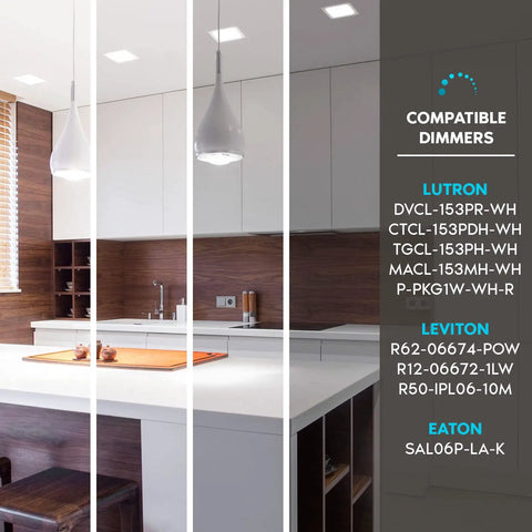 Kitchen with Ultra Thin 6 Inch Square LED Recessed Light Kit, showing lighting and compatible dimmer options list.