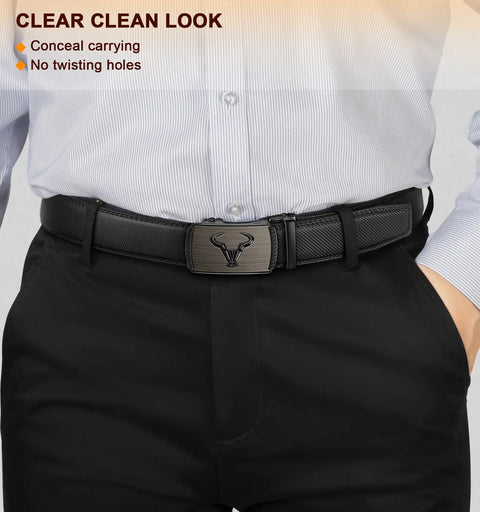 Men's Ratchet Leather Belt For Dress And Casual Wear, 1 3 8 Inch Wide, Black, Adjustable From 32 To 38 Inches, Cut To Fit Size