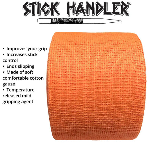 Top Shelf Non Slip Drumstick Grip Tape That Locks Down Your Sticks And Keeps Your Sweat At Bay For Killer Live Sets Or Practice Sessions In Bright Orange Soft Cotton Material, shown in roll format.
