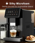 Fully Automatic Espresso Machine With Built-In Grinder, 20 Bar Pressure, Touch Control brewing a cappuccino in kitchen