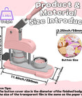 58mm Button Maker Kit For DIY Pins Includes Free Button Parts Circle Cutter Cutting Board Pattern Paper Holographic Bags Colored Film And Protective Case Pink Finish, showing dimensions and material details.