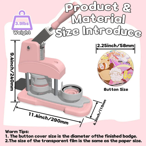 58mm Button Maker Kit For DIY Pins Includes Free Button Parts Circle Cutter Cutting Board Pattern Paper Holographic Bags Colored Film And Protective Case Pink Finish, showing dimensions and material details.