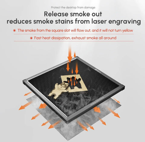 Aluminum Honeycomb Laser Bed 450x450mm for laser engravers and cutters, reducing smoke stains with effective heat dissipation.