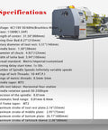 Specifications of Jaryannix Metal Bench Lathe 8 by 32 Inch Mini Benchtop Engine Turner with various features.