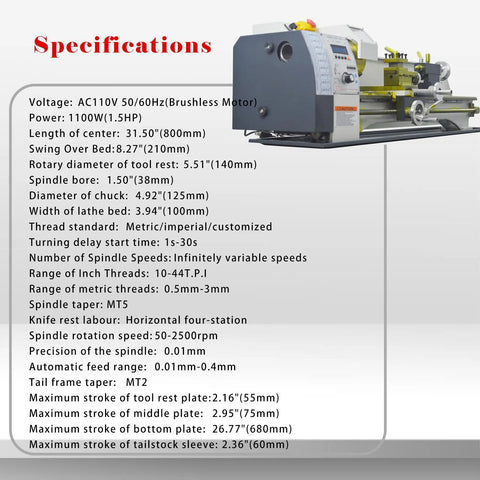 Specifications of Jaryannix Metal Bench Lathe 8 by 32 Inch Mini Benchtop Engine Turner with various features.