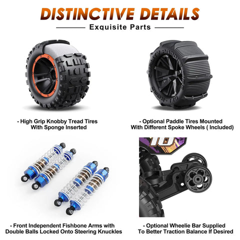 Parts of Brushless Monster RC Truck 1/16 Scale 4x4 All Terrain Off Road Racer with high grip tires, shocks, and wheelie bar.