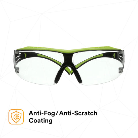 SecureFit 400X Safety Glasses With Anti Fog And Anti Scratch Clear Lenses ANSI Z87 Rated Green And Black Frame Front View