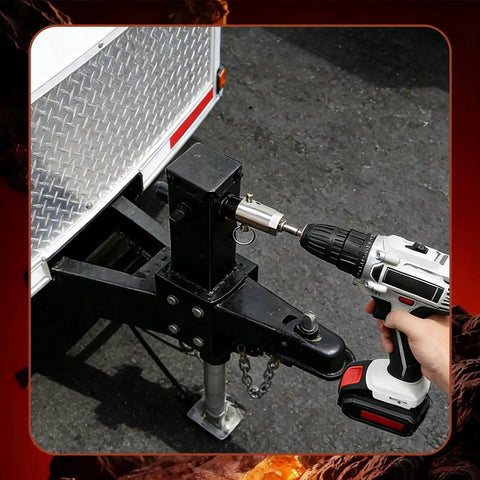 Professional Grade Trailer Jack Drill Adapter Grips Sturdy 1 Inch Drive Shaft Perfectly For Smooth Rotation Featuring Dual Socket Bits Hassle Free Rv Camper Hook Up Tool attached to a trailer with a drill.