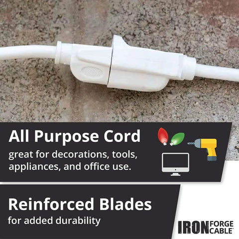 Close-up of weatherproof 50 ft outdoor extension cord white 16 gauge 3 conductor SJTW heavy duty 3 prong 13 amp exterior cable on concrete