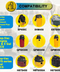 Compatibility chart for Three Pack 90398 Replacement Filter Cartridges for 1 to 5 gallon wet dry shop vacs and 5 gallon portable models.