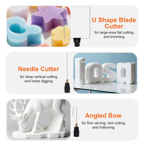 Three In One Pro Grade Foam Cutter Kit with U Shape Blade Cutter, Needle Cutter, and Angled Bow for Styrofoam carving.