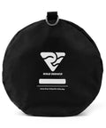 Front view of collapsible mesh snorkel bag for long fins with top opening, featuring logo and black fabric, suitable for beach use.