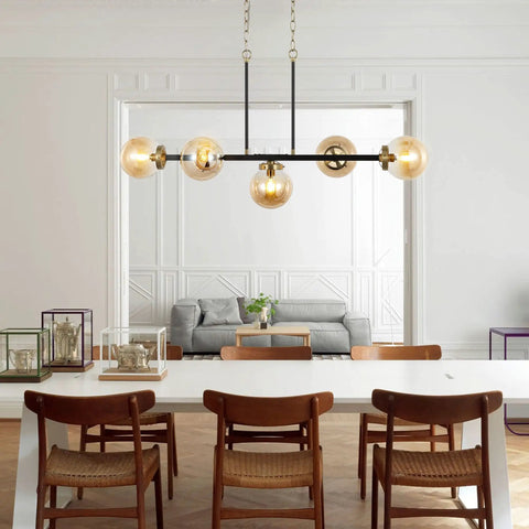 5 Light Modern Sputnik Island Pendant Light Fixture With Amber Glass Globe Shades For Flat Or Sloped Ceilings Height Adjustable Chandelier For Kitchen Island Dining Room Living Room And Bedroom Black in modern dining room setting