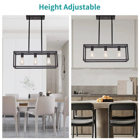 Farmhouse Rectangle Chandelier Pendant Light For Dining Room And Kitchen Island Dope Modern Linear Hanging Light Fixture In Matte Black Industrial 3 Light Pendant With Adjustable Rods For Custom Height over dining table and kitchen island