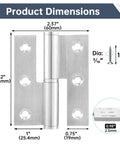 Premium Lift Off Hinges For Interior Doors, 3 Inch Brushed Stainless Steel Toggle Set dimensions showing 2.37 x 3.12 inches.