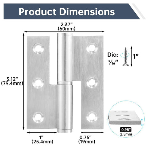 Premium Lift Off Hinges For Interior Doors, 3 Inch Brushed Stainless Steel Toggle Set dimensions showing 2.37 x 3.12 inches.