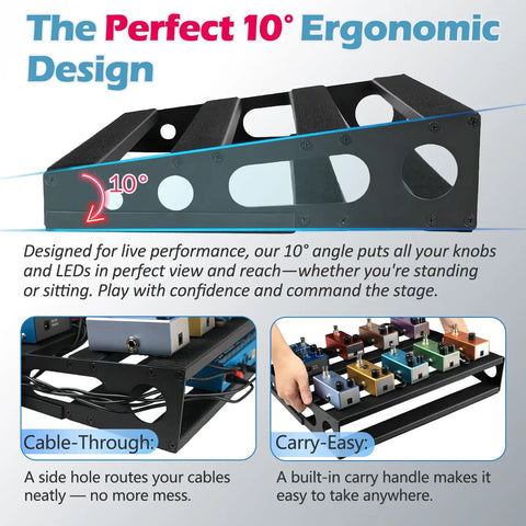 Heavy Duty Guitar Pedal Board With Power Supply Tray For Road Gig, 15.7 By 12.2 By 3.1 Inches, Metal Black, side view showing ergonomic design
