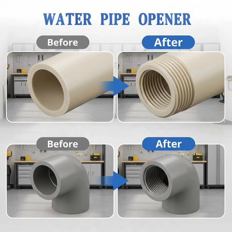 3Pc PVC Pipe Threader Kit For 1/2 Inch Up To 1 Inch Plastic Tubing, showing before and after threading results.