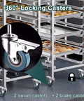 Close-up of 8-Tier Stainless Steel Bakery Cooling Rack On Wheels With Brakes, showing locking casters and baking trays.