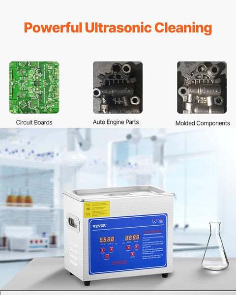 Front view of VEVOR 3L ultrasonic cleaner with heated function, stainless steel tank and blue digital control panel